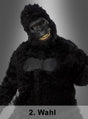Eine Person, die das „2. Wahl Gorilla-Kostüm mit beweglicher Ani-Motion-Maske“ trägt, steht vor einem grauen Hintergrund mit Farbverlauf. Sie trägt das beeindruckende, dunkle, pelzige Tierkostüm für Herren, das sich ideal als Karnevalskostüm in Größe XL eignet. Der Text unten lautet „2. Wahl“.