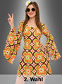 Eine Frau, die das „2. Wahl 70er Retro-Kleid Nicky, waschbar“ mit einem auffälligen Retro-Muster trägt, zeigt das Peace-Zeichen, während sie eine Sonnenbrille trägt und eine Margerite im Haar hat; sie steht vor einem grauen Hintergrund. Der Text unten lautet „2. Wahl“.