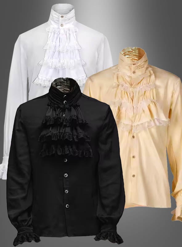 Drei viktorianische Herren-Rüschenhemden mit langen Ärmeln in Weiß, Schwarz und Beige sind auf Schaufensterpuppen vor einem grauen Hintergrund mit Farbverlauf ausgestellt – ideal als historisches Herren-Rüschenhemd oder Herren-Kostümhemd für Themenveranstaltungen oder klassische Anlässe.