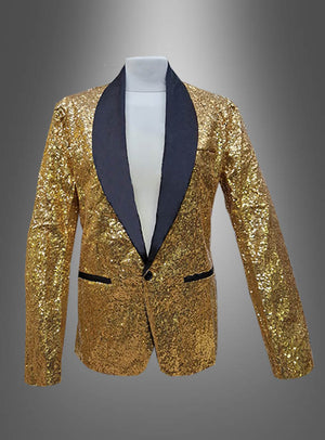 Die auffällige Deluxe-Paillettenjacke mit goldenen Pailletten, einem schwarzen Schalkragen und schwarz eingefassten Taschen wird auf einer kopflosen Schaufensterpuppe vor einem grau verlaufenden Hintergrund präsentiert.