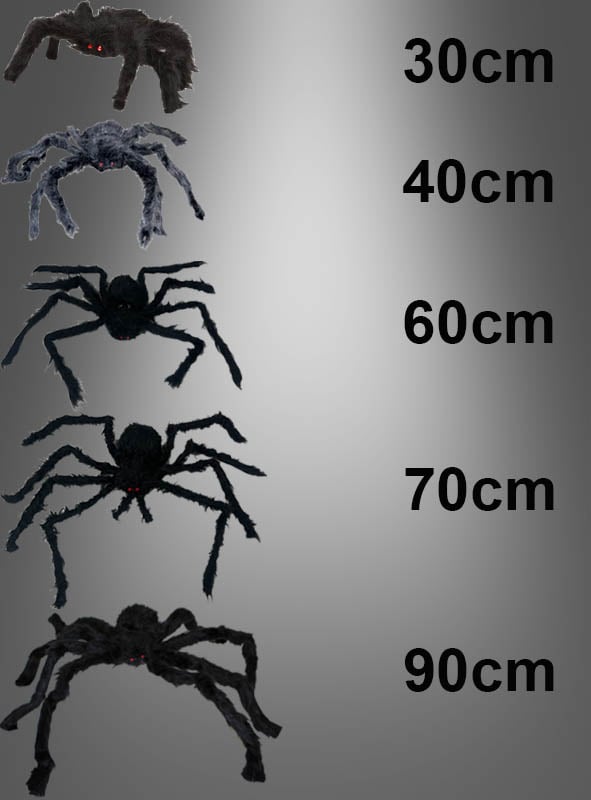 Fünf Spinnen (30–90 cm) als Halloween-Dekoration aus schwarzem Kunstfell sind auf grauem Hintergrund abgebildet und nach steigender Größe angeordnet – 30 cm, 40 cm, 60 cm, 70 cm und 90 cm – perfekt als Riesenspinnen für Ihre Halloween-Dekoration.