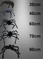 Fünf Spinnen (30–90 cm) als Halloween-Dekoration aus schwarzem Kunstfell sind auf grauem Hintergrund abgebildet und nach steigender Größe angeordnet – 30 cm, 40 cm, 60 cm, 70 cm und 90 cm – perfekt als Riesenspinnen für Ihre Halloween-Dekoration.