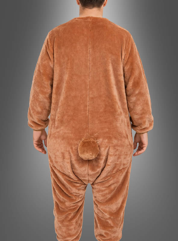 Eine Person, die das „Hasen-Maskottchen-Komplettkostüm, waschbar“ trägt – ein braunes, flauschiges Kostüm mit Schwanz –, von hinten vor einem grauen Hintergrund fotografiert.
