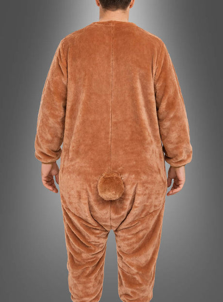 Eine Person, die das „Hasen-Maskottchen-Komplettkostüm, waschbar“ trägt – ein braunes, flauschiges Kostüm mit Schwanz –, von hinten vor einem grauen Hintergrund fotografiert.
