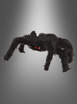 Eine schwarze, flauschige Spinne (30–90 cm) als Halloween-Dekoration mit roten Augen ist vor einem grauen Hintergrund mit Farbverlauf abgebildet und eignet sich somit hervorragend für Ihre Halloween-Dekoration.