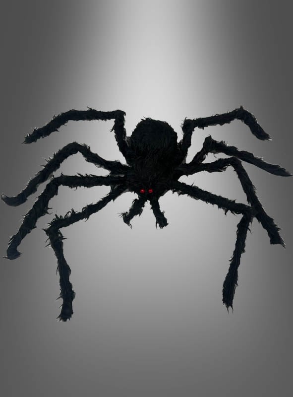 Riesige schwarze Spinne mit roten Augen und acht Beinen, präsentiert vor einem schlichten grauen Hintergrund – ideal als Halloween-Dekorationsrequisite „Spinne 30–90 cm“ oder als auffällige Ergänzung Ihrer Halloween-Deko-Spinnen-Sammlung.