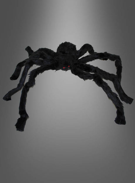 Eine große, schwarze, flauschige Spinne (30–90 cm) als Halloween-Dekoration mit leuchtend roten Augen hebt sich eindrucksvoll von einem schlichten grauen Hintergrund ab – perfekt, um mit Ihren Halloween-Spinnen eine gruselige Atmosphäre zu schaffen.