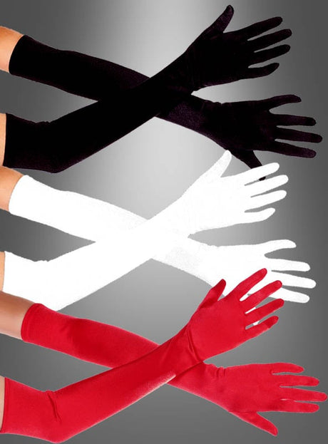 Drei Paar „Lange Handschuhe 40 cm“ für Damen in Schwarz, Weiß und Rot sind elegant auf gekreuzten Armen vor einem grauen Hintergrund mit Farbverlauf präsentiert – perfekt als Abendhandschuhe für Ihr nächstes Charleston-Kostüm im Stil der 20er Jahre.