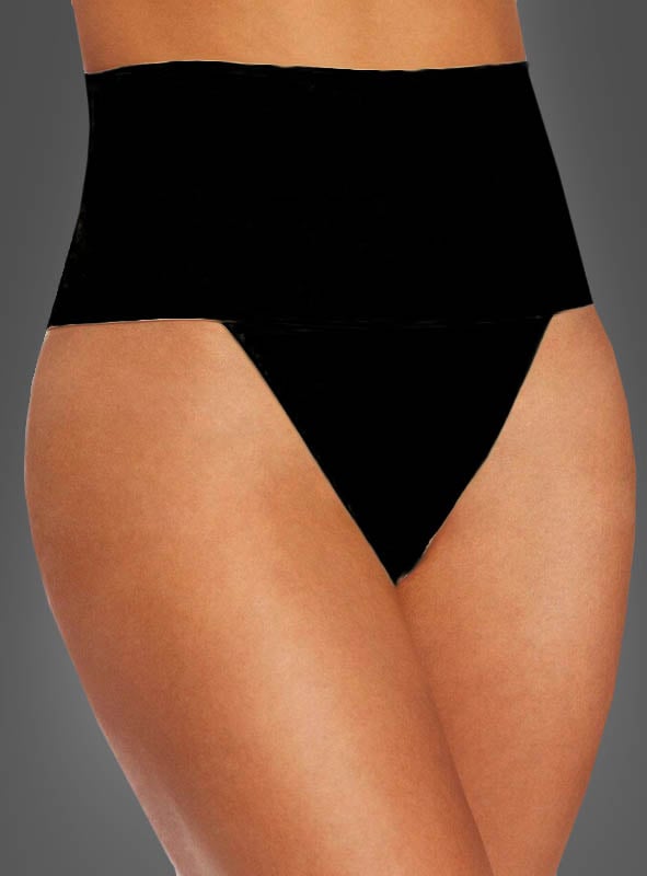 Eine Person, die die Shapewear „Bauchweg Mieder Unterwäsche“ trägt – einen schwarzen Shapewear-String mit hoher Taille – vor einem einfarbigen grauen Hintergrund.