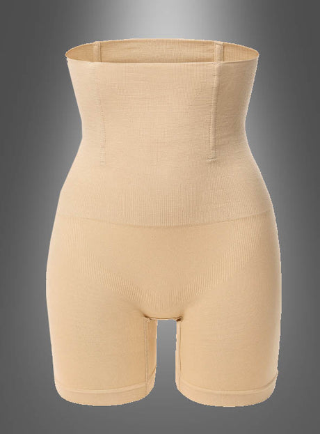 Die beigefarbene Shapewear „Bauchweg“-Mieder-Unterwäsche mit hoher Taille wird aufrecht vor einem grau abgestuften Hintergrund präsentiert und bietet optimalen Halt und Komfort für eine glatte Silhouette. Als figurformende Unterwäsche ist sie ideal geeignet, um Ihre natürliche Figur unter jedem Outfit nahtlos zu betonen.