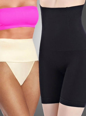 Zwei Frauen präsentieren Shapewear von „Bauchweg Mieder Unterwäsche“: Die eine trägt einen hautfarbenen Slip mit hoher Taille, kombiniert mit einem rosa Bandeau-Top, während die andere klassische schwarze Shaper-Shorts mit hoher Taille vorführt.