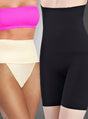 Zwei Frauen präsentieren Shapewear von „Bauchweg Mieder Unterwäsche“: Die eine trägt einen hautfarbenen Slip mit hoher Taille, kombiniert mit einem rosa Bandeau-Top, während die andere klassische schwarze Shaper-Shorts mit hoher Taille vorführt.