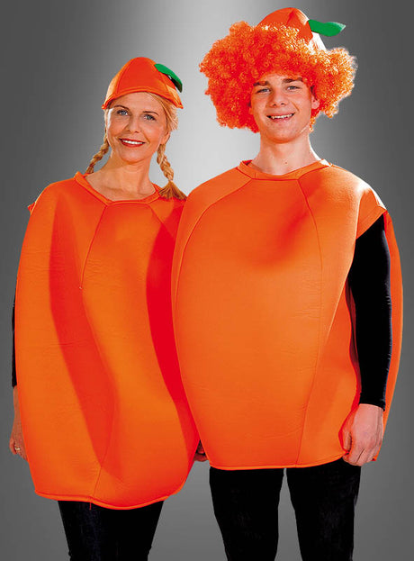 Im farbenfrohen orangefarbenen Kostüm für Erwachsene fallen zwei Personen bei jedem Anlass besonders auf – die eine mit einem Hut mit Blättern, die andere mit einer leuchtend orangefarbenen Perücke und einem passenden Hut. Dieses lustige Fruchtkostüm ist ein ideales Karnevalskostüm, das in jeder Menschenmenge garantiert Aufmerksamkeit erregt.