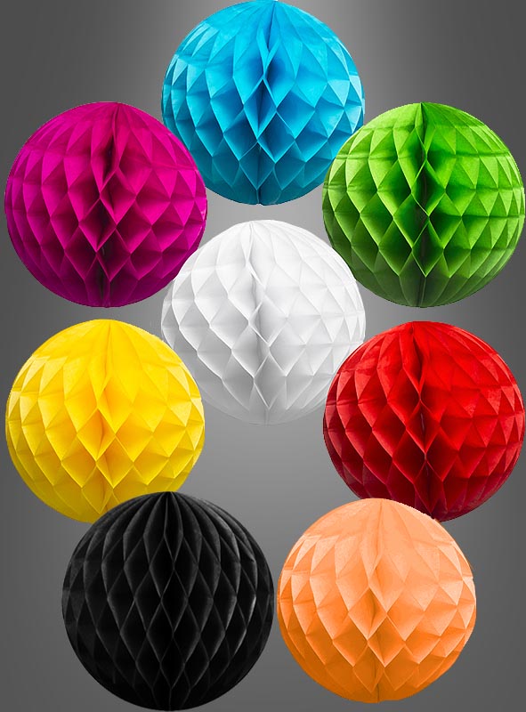 Neun wiederverwendbare Wabenball-Dekopapierballons (10–30 cm) in verschiedenen Farben – Blau, Grün, Rosa, Gelb, Weiß, Rot, Schwarz, Orange und Lila – sind auf grauem Hintergrund in einem Rastermuster angeordnet.