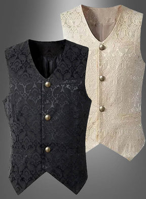 Zwei ärmellose Westen mit aufwendigen Spitzenmustern und drei Metallknöpfen – einer in tiefem Schwarz, der andere in elegantem Beige – sind nebeneinander vor einem grau verlaufenden Hintergrund zu sehen. Diese auffälligen Designs verkörpern die Essenz der „Hochwertige Brokat Herrenweste“ und verbinden auf kunstvolle Weise zeitlose Eleganz mit moderner Raffinesse.