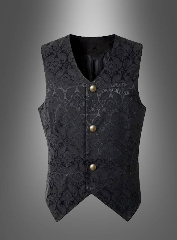 Eine „Hochwertige Brokat-Herrenweste“ in Schwarz mit dezentem Blumenbrokatmuster, drei Metallknöpfen und einem V-förmigen Saum, abgebildet vor einem grauen Farbverlaufshintergrund – perfekt als elegante Steampunk-Weste oder als auffälliges Abendoutfit für alle, die einen raffinierten alternativen Stil suchen.