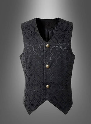 Eine „Hochwertige Brokat-Herrenweste“ in Schwarz mit dezentem Blumenbrokatmuster, drei Metallknöpfen und einem V-förmigen Saum, abgebildet vor einem grauen Farbverlaufshintergrund – perfekt als elegante Steampunk-Weste oder als auffälliges Abendoutfit für alle, die einen raffinierten alternativen Stil suchen.