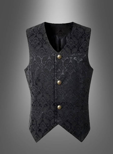 Eine „Hochwertige Brokat-Herrenweste“ in Schwarz mit dezentem Blumenbrokatmuster, drei Metallknöpfen und einem V-förmigen Saum, abgebildet vor einem grauen Farbverlaufshintergrund – perfekt als elegante Steampunk-Weste oder als auffälliges Abendoutfit für alle, die einen raffinierten alternativen Stil suchen.