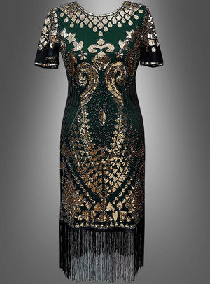 Das 20er-Jahre-Kleid „Grace“ mit kurzen Ärmeln und Pailletten ist ein knielanges Kleid mit kurzen Ärmeln, das mit goldenen und silbernen Pailletten in aufwendigen Mustern verziert und mit einem Fransenbesatz am Saum versehen ist – ideal für jede Charleston-Party oder als auffälliges Paillettenkleid.
