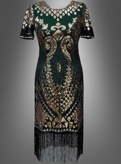 Das 20er-Jahre-Kleid „Grace“ mit kurzen Ärmeln und Pailletten ist ein knielanges Kleid mit kurzen Ärmeln, das mit goldenen und silbernen Pailletten in aufwendigen Mustern verziert und mit einem Fransenbesatz am Saum versehen ist – ideal für jede Charleston-Party oder als auffälliges Paillettenkleid.