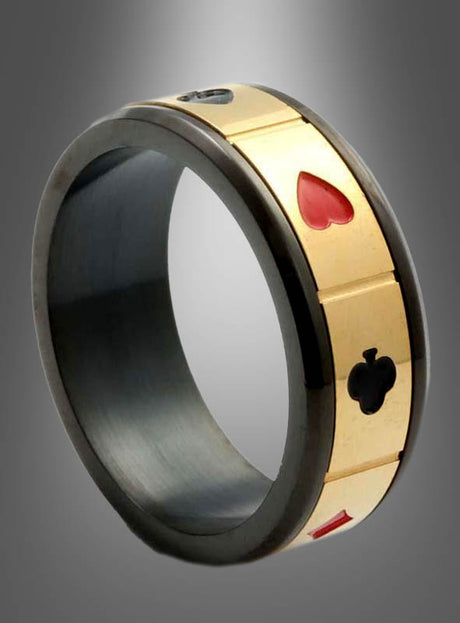 Wir präsentieren den Casino-Ring „silber oder gold“ – ein stilvolles Accessoire in Schwarz und Gold, verziert mit eingravierten Symbolen der Spielkartenfarben Pik, Herz, Kreuz und Karo auf einem grau abgestuften Hintergrund. Ideal als Accessoire für eine Las-Vegas-Party oder als Poker-Ring – die perfekte Wahl für Spielbegeisterte.