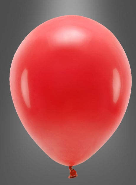 Ein vollständig aufgeblasener, biologisch abbaubarer Luftballon von „Luftballons Partydeko“ in leuchtendem Rot, vor einem grauen Hintergrund mit Farbverlauf und unten zusammengebunden, eignet sich ideal für jeden Luftballon-Geburtstag und besteht aus biologisch abbaubaren Materialien.