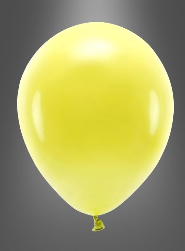 Ein einzelner gelber Luftballon von „Luftballons Partydeko“, biologisch abbaubar und ideal für Geburtstage oder als Partydekoration, ist vollständig aufgeblasen vor einem einfarbigen grauen Hintergrund mit Farbverlauf abgebildet und bietet eine umweltfreundliche Wahl für Ihre Feier.