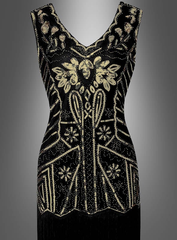 Ärmelloses schwarzes „Deluxe 20er“-Paillettenkleid „May“ mit aufwendig gearbeiteten geometrischen und floralen Mustern aus Goldperlen, V-Ausschnitt und figurbetonter Silhouette, präsentiert vor einem neutralen grauen Farbverlaufshintergrund – eine eindrucksvolle Hommage an die Mode der 20er Jahre und die Eleganz des Charleston-Kleids.