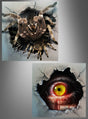 Eine Tarantel und ein blutunterlaufenes gelbes Auge spähen durch separate Risse in einer zerklüfteten Wand und schaffen so eine unheimliche Atmosphäre, die sich ideal für Wandaufkleber als Halloween-Dekoration – Spinne oder Auge – oder gruselige Halloween-Dekorationen eignet.
