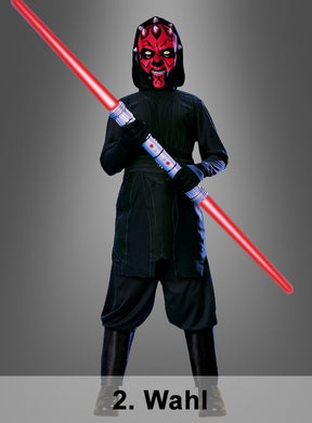 Ein Kind, das das „Darth Maul Kinderkostüm 2. Wahl ohne Maske 140–146“ trägt, steht vor einem grauen Hintergrund und hält ein rot schwingendes Doppelklingen-Lichtschwert in der Hand; unten ist der Schriftzug „2. Wahl“ zu sehen.