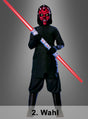 Ein Kind, das das „Darth Maul Kinderkostüm 2. Wahl ohne Maske 140–146“ trägt, steht vor einem grauen Hintergrund und hält ein rot schwingendes Doppelklingen-Lichtschwert in der Hand; unten ist der Schriftzug „2. Wahl“ zu sehen.