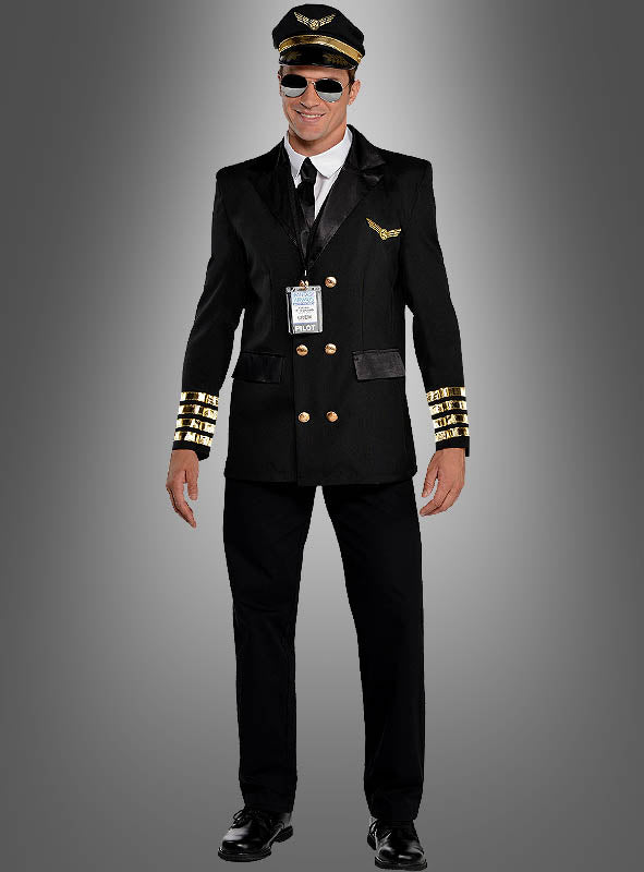 Ein Mann trägt die „Pilotenuniform für Herren, schwarz, XL 52–54“ mit goldenen Streifen, Pilotenmütze, Sonnenbrille und einem Ausweis und steht vor einem grauen Hintergrund.