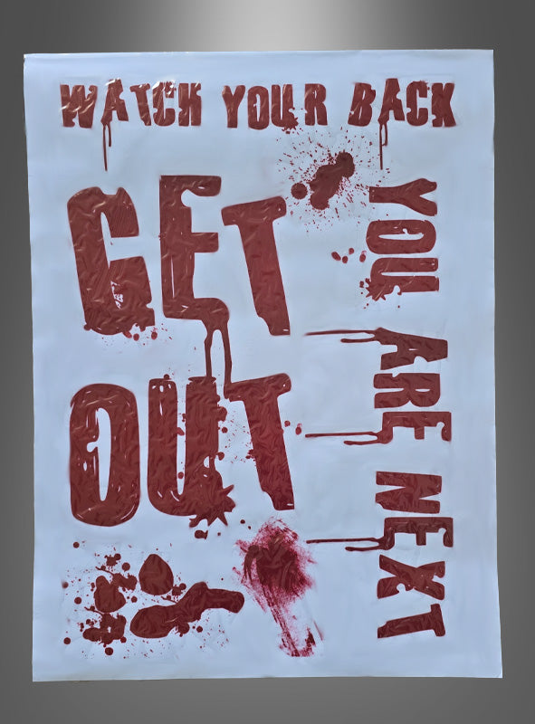 Der Halloween-Aufkleber „Get Out“ zeigt ein weißes Plakat mit roten, blutähnlichen Schriftzügen – „WATCH YOUR BACK“, „GET OUT“ und „YOU ARE NEXT“ –, umgeben von Spritzern und Verschmierungen. Damit ist er die perfekte gruselige Dekoration oder Fensterdekoration, um eine gespenstische Atmosphäre für Halloween zu schaffen.