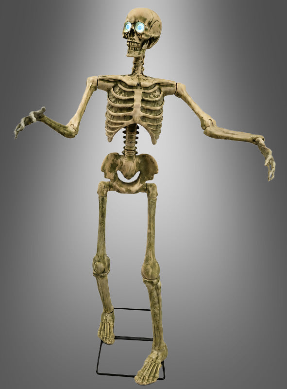 Hier steht das „Bewegliche Skelett – Halloween-Dekoration 150 cm“ aufrecht auf einem Metallständer vor einem grauen Farbverlauf – mit seinen leuchtend blauen Augen die perfekte Wahl für eine realistische Halloween-Dekoration.