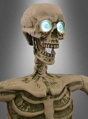 Ein 150 cm großes, bewegliches Skelett mit leuchtend blauen Augen steht vor einem grauen Farbverlauf und eignet sich perfekt als Halloween-Dekoration.
