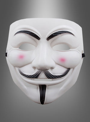 Eine weiße Maske mit Bart, die einen schwarzen Schnurrbart, einen Ziegenbart, geschwungene Augenbrauen und rosige Wangen aufweist, vor einem grauen Hintergrund mit Farbverlauf.