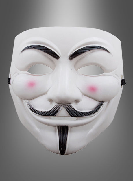 Eine weiße Maske mit Bart, die einen schwarzen Schnurrbart, einen Ziegenbart, geschwungene Augenbrauen und rosige Wangen aufweist, vor einem grauen Hintergrund mit Farbverlauf.