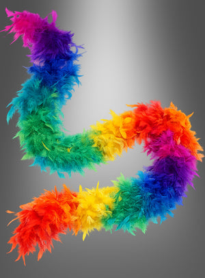 Das Modell „Federboa 20er Jahre 180 cm“ in leuchtenden Regenbogenfarben ist in S-Form vor einem grauen Hintergrund mit Farbverlauf dargestellt.