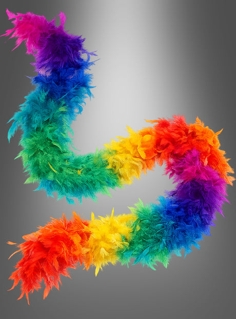Das Modell „Federboa 20er Jahre 180 cm“ in leuchtenden Regenbogenfarben ist in S-Form vor einem grauen Hintergrund mit Farbverlauf dargestellt.