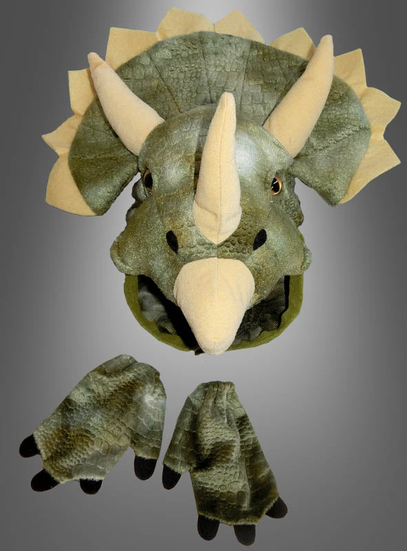 Das Triceratops-Kostümset besteht aus einem grünen Triceratops-Dinosaurier-Kopfteil mit beigen Hörnern und einer Krone sowie passenden, handschuhartigen Handbedeckungen, die alle vor einem grauen Hintergrund präsentiert werden – die ideale Ergänzung für jede Triceratops-Kostüm- oder Dino-Kostüm-Sammlung.