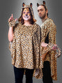 Zwei Personen tragen passende Kostüme mit Leopardenmuster, darunter Kapuzen mit Ohren und Handschuhe. Eine hat ihr Gesicht bemalt und macht eine Pfotenbewegung; die andere, gekleidet in einen Plüsch-Leoparden-Poncho in den Größen S bis XXXL, steht dahinter und schaut in die Kamera.