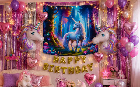 Ein Raum, der für einen Geburtstag mit Einhorn-Luftballons, einem Einhorn-Wandteppich, goldenen „Happy Birthday“-Luftballons, rosa Luftballons und sternförmigen Lichtern geschmückt ist.