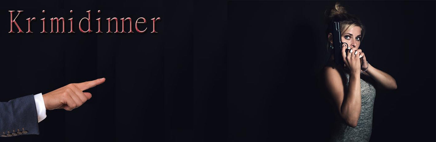 Vor einem schwarzen Hintergrund hält sich eine Frau in einem Kleid eine Pistole ans Gesicht; von links zeigt eine Hand darauf, darüber steht in roter Schrift das Wort „Krimidinner“.