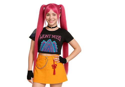 Eine lächelnde Person mit langen rosa Zöpfen, einem schwarzen Halsband, einem schwarzen bauchfreien Top mit der Aufschrift „WONT MISS“, einem orangefarbenen Rock mit rotem Accessoire und schwarzen fingerlosen Handschuhen, die vor einem weißen Hintergrund steht.