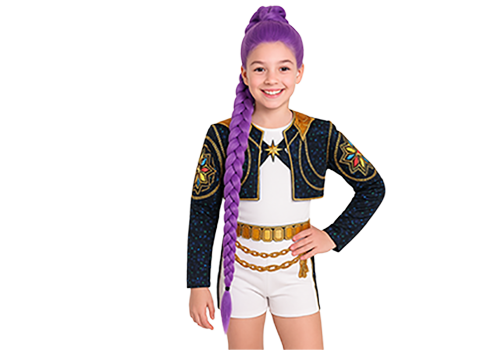 Ein lächelndes Kind mit einem langen violetten Zopf trägt eine verzierte schwarz-goldene Jacke, weiße Shorts und einen goldenen Gürtel und steht vor einem weißen Hintergrund.