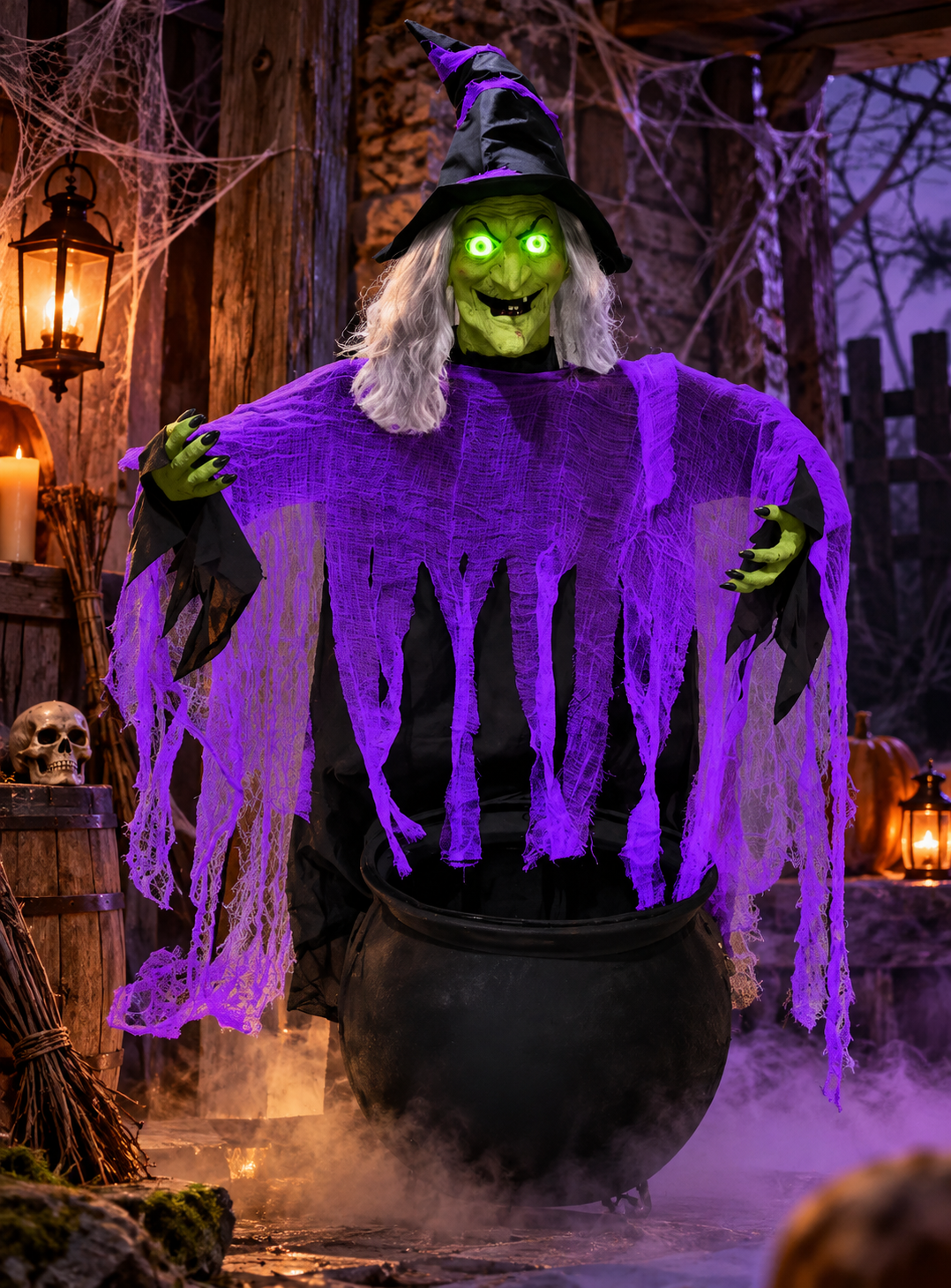 Sprechende Hexe am Hexenkessel 140x96cm Animatronic