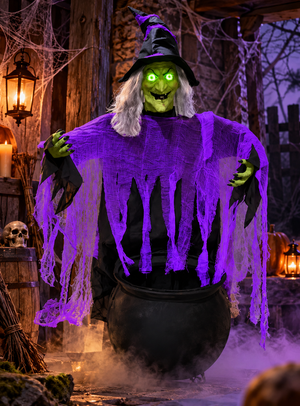 Sprechende Hexe am Hexenkessel 140x96cm Animatronic