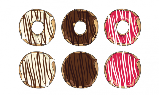 Sechs abgebildete Donuts mit verschiedenfarbiger Glasur und Toppingstreifen, angeordnet in zwei Dreierreihen auf weißem Hintergrund.