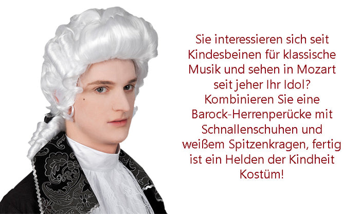 Eine Person mit einer weißen Perücke im Barockstil und einem Spitzenkragen steht neben einem deutschen Text über klassische Musik und Kostüme zum Thema Mozart.