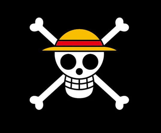 Ein Cartoon-Totenkopf mit einem gelben Hut mit rotem Band, hinter dem zwei gekreuzte Knochen zu sehen sind, vor schwarzem Hintergrund.